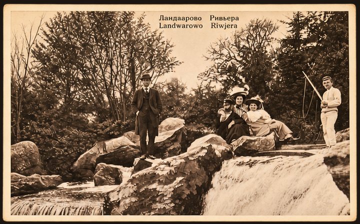 Открытка № 12 — Ландварово Ривьера, гости на камнях над водопадом, сепия