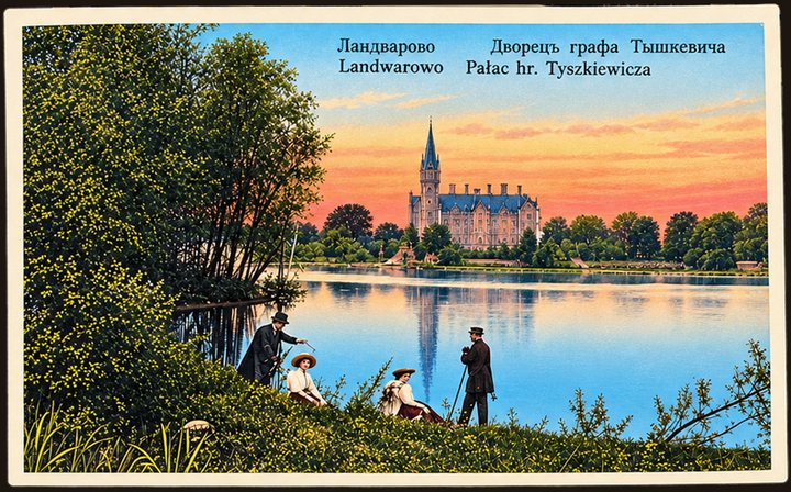 Открытка № 2 — Ландварово, дворец графа Тышкевича с озера на закате