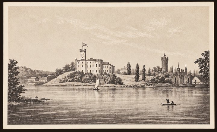 Открытка № 20 — старый дворец Лентварис с башней с озера, парусник и лодка, литография в сепии