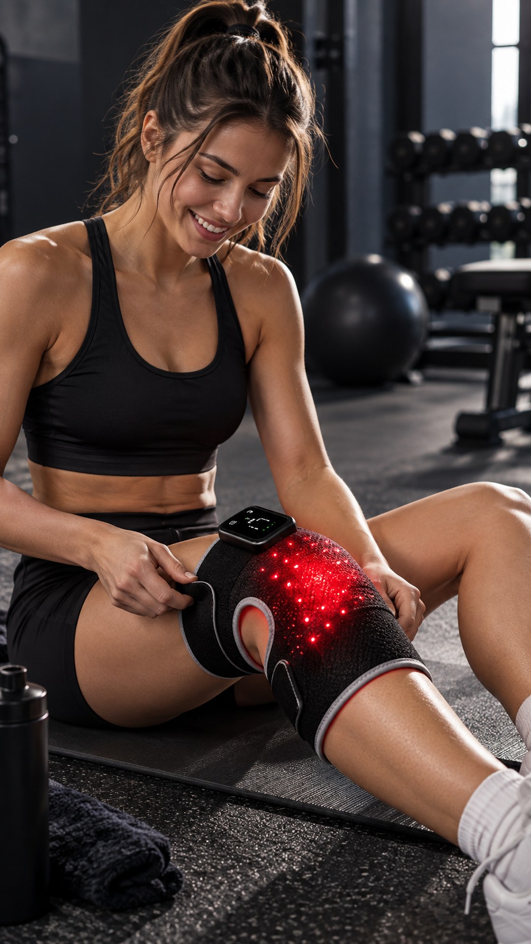 Женщина на коврике в спортзале надевает включённый LED-наколенник «Biomind»