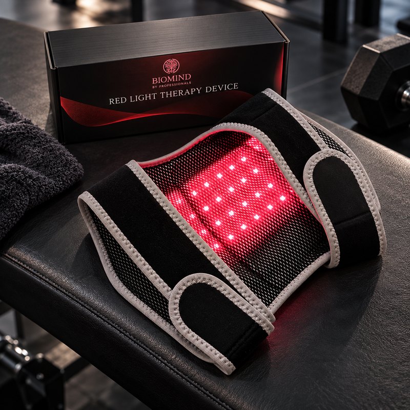 Внутренняя сторона LED-наколенника «Biomind» с включёнными красными диодами рядом с коробкой на скамье в спортзале