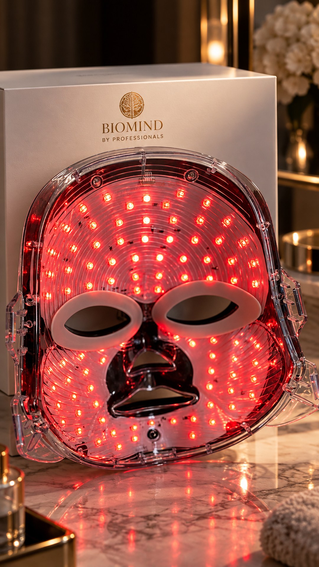 LED-маска «Biomind» с включённым режимом красного света перед белой коробкой на мраморном столике