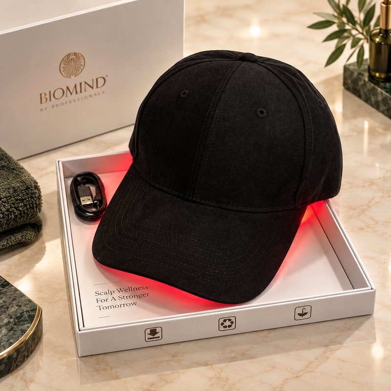Чёрная LED-кепка «Biomind» в коробке с USB-кабелем на мраморе, через край пробивается красный свет