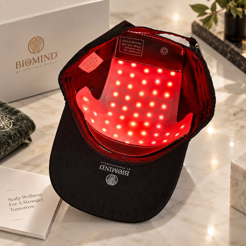 Перевёрнутая LED-кепка «Biomind» с включённой вставкой из красных светодиодов, рядом коробка и полотенце