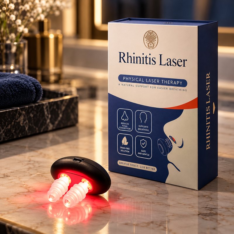 Включённый назальный LED-прибор «Biomind» рядом с коробкой на мраморной столешнице в ванной
