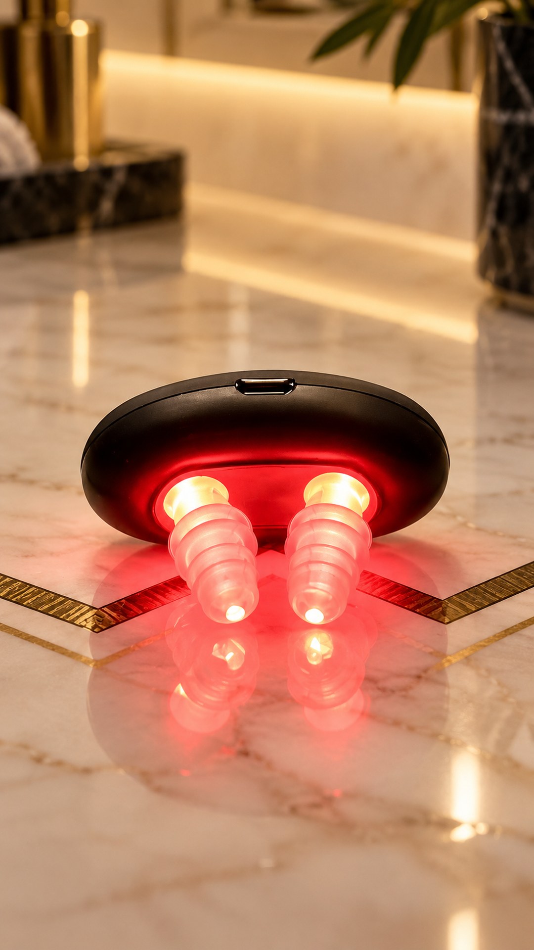 Включённый назальный LED-прибор «Biomind» со светящимися красными наконечниками на белом мраморе с золотым орнаментом, на фоне золотые аксессуары для ванной