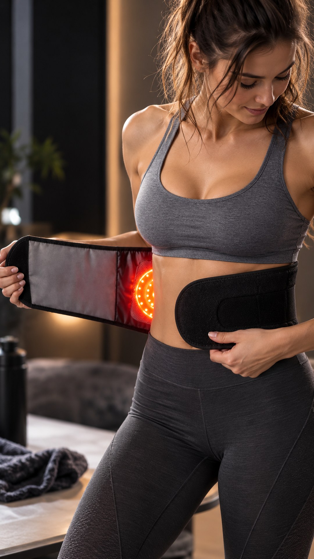 Женщина в спортивной одежде застёгивает включённый LED-пояс для спины «Biomind» — видна внутренняя сторона с красными диодами