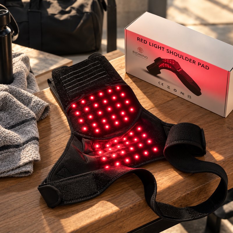 Внутренняя сторона LED-бандажа на плечо «Biomind» с включёнными красными диодами рядом с коробкой на деревянном столе