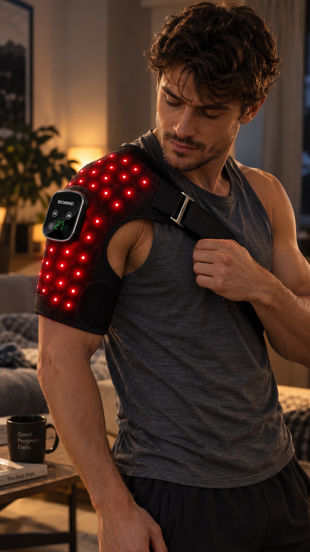 Мужчина дома вечером с надетым включённым LED-бандажом на плечо «Biomind» застёгивает ремень через грудь