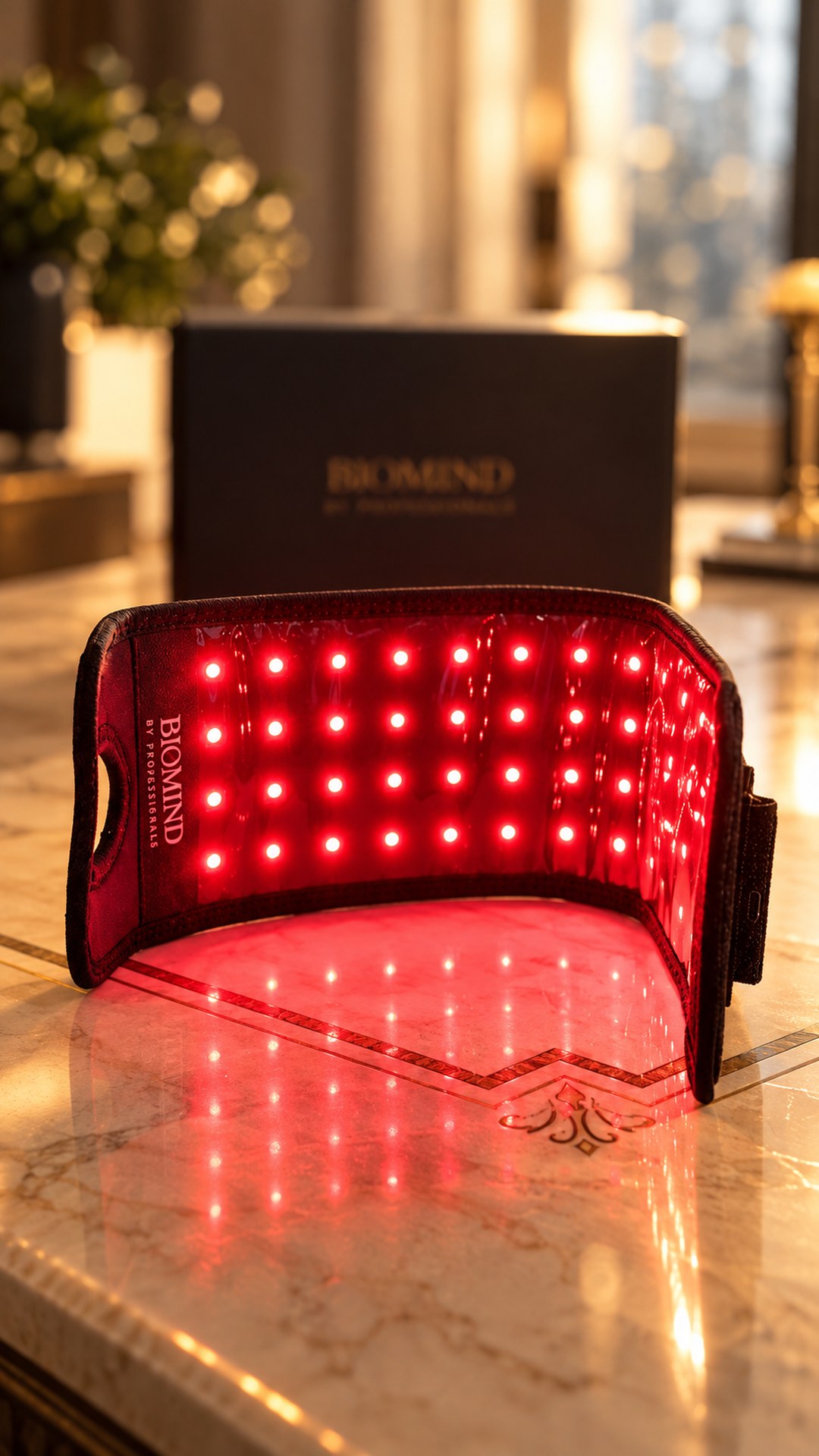Изогнутая LED-лента на запястье «Biomind» с включёнными красными диодами на мраморном столе, на фоне коробка